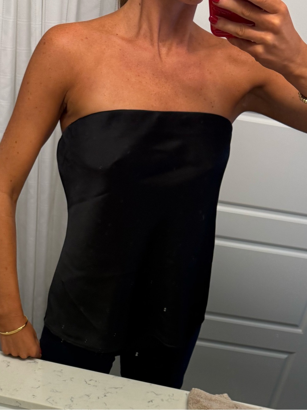 Wayf Strapless Black Satin Top